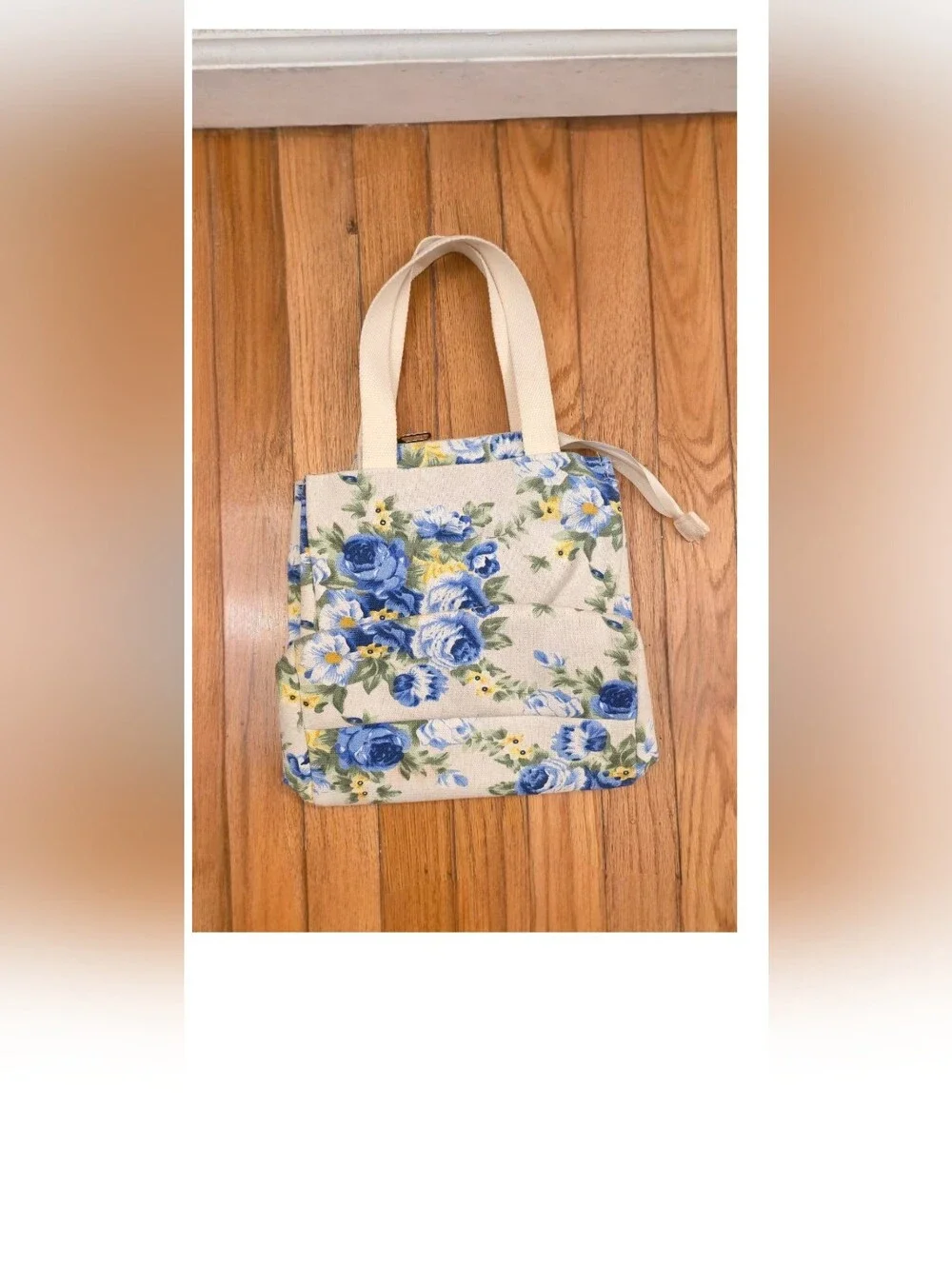 Blue Floral Canvas Tote Bag with Cream Straps